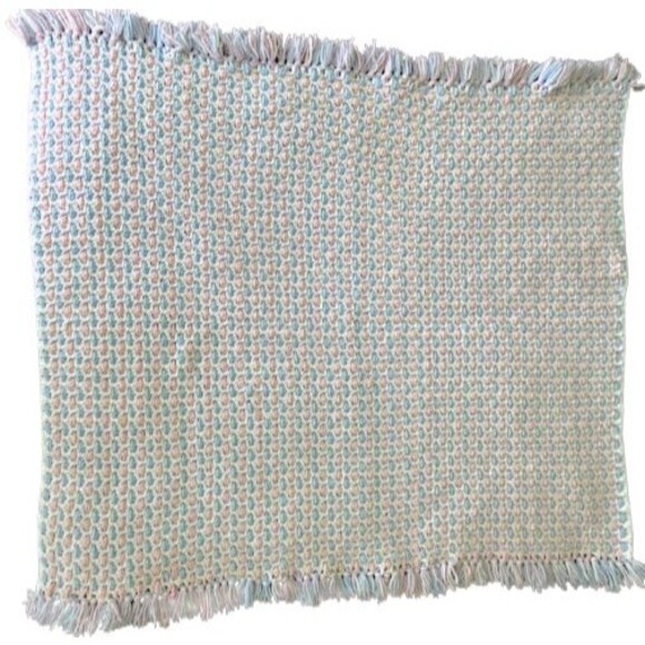 Handmade Pink Blue and White Crocheted Baby Blanket with Fringe 38 x 34 Inches - Picture 4 of 6
